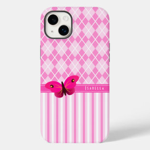 Stripes and Pink Argyle Pattern Butterfly Durable Case-Mate iPhone 14 Plus Case