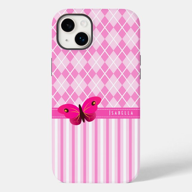 Stripes and Pink Argyle Pattern Butterfly Durable Case-Mate iPhone Case (Back)