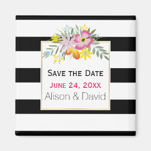 Stripes and pink flowers wedding Save the Date Magnet