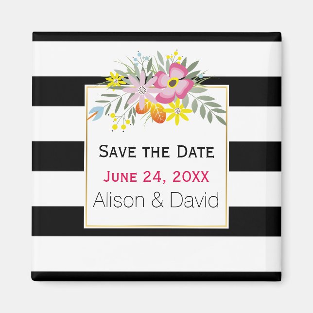 Stripes and pink flowers wedding Save the Date Magnet (Front)