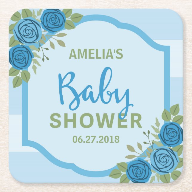 Stripes and Roses Blue Boy Baby Shower Square Paper Coaster (Front)