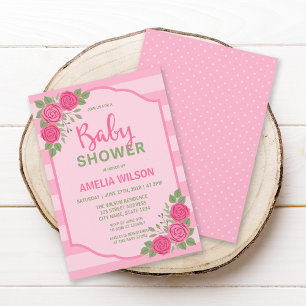 Stripes and Roses Pink Girl Baby Shower Invitation