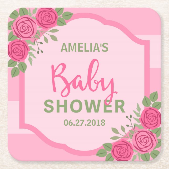 Stripes and Roses Pink Girl Baby Shower Square Paper Coaster (Front)