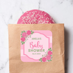 Stripes and Roses Pink Girl Baby Shower Square Sticker