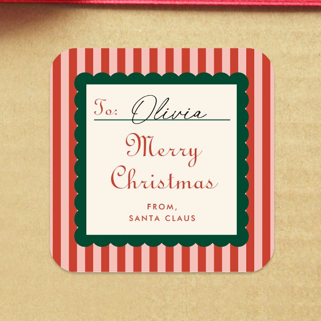 Stripes and Scallop Vintage Holiday Gift Square Sticker (Creator Uploaded)