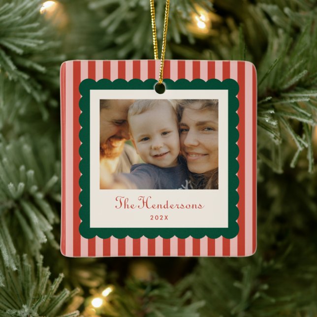 Stripes and Scallops Holiday Photo Ceramic Ornament (Tree)