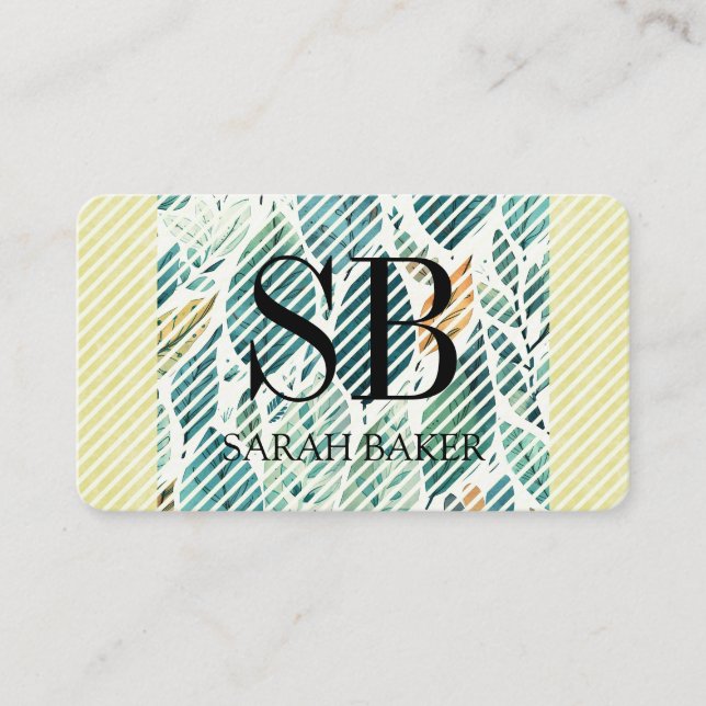 Stripes and Script Monogram | Painted Leaves Business Card (Front)