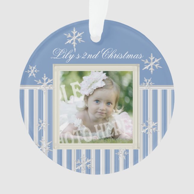 Stripes and Snowflakes Winter Photo Ornament (Front)