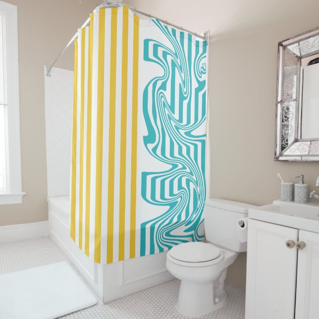 Stripes and Swirls in Turquoise and Yellow Shower Curtain (In Situ)