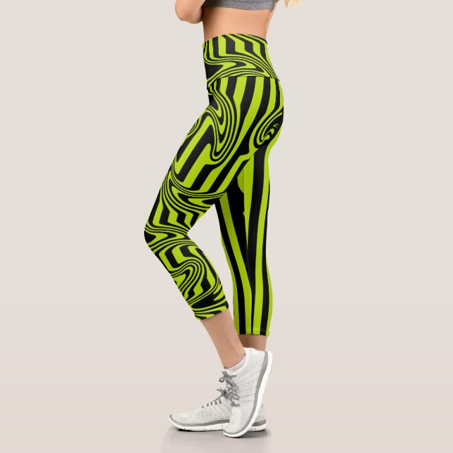 Stripes and Swirls - Lime Green and Black Capri Leggings (Left)