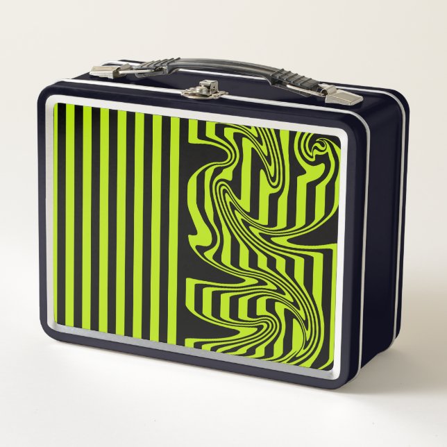 Stripes and Swirls - Lime Green and Black Metal Lunch Box (Front)