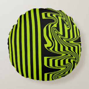 Stripes and Swirls - Lime Green and Black Round Cushion