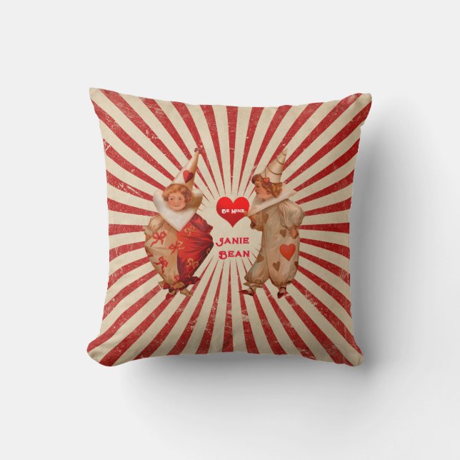 Stripes and Vintage Valentine Clowns with Heart  Cushion (Front)