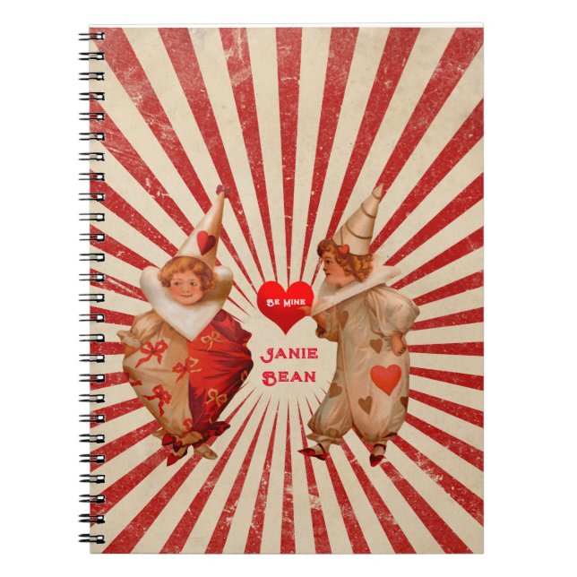 Stripes and Vintage Valentine Clowns with Heart  Notebook (Front)