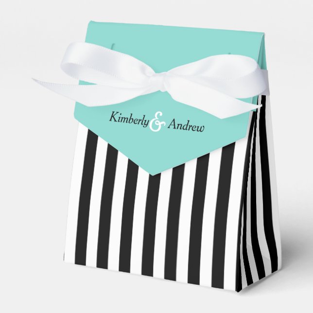 Stripes Black And White Ribbon Blue Wedding Gift Favour Box (Front Side)