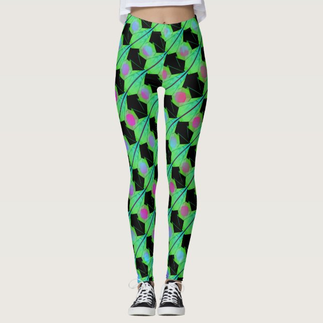 Stripes, blue lilac circles or abstract hexagon leggings (Front)