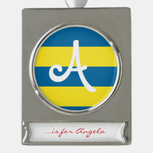 Stripes Blue & Yellow Customisable Silver Plated Banner Ornament