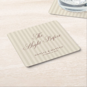 Stripes Burgundy The Night Before Rehearsal Dinner Square Paper Coaster