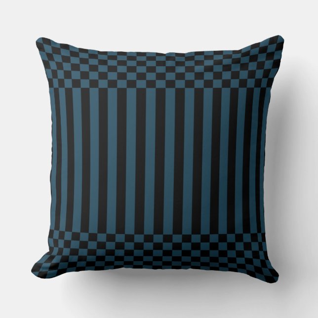 Stripes & Chequered In Black and Blue Throw Pillow (Front)