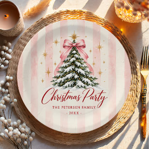 Stripes Christmas Tree With Pink Bow Holiday Party Paper Plate