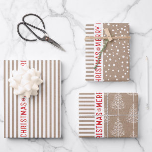 Stripes, Christmas trees, snow brown kraft paper