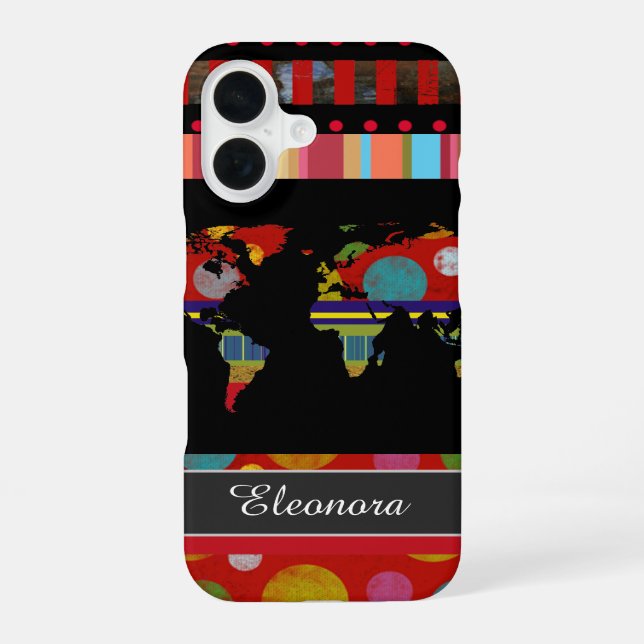 Stripes, Circles and Map Colorful iPhone 16 Case (Back)