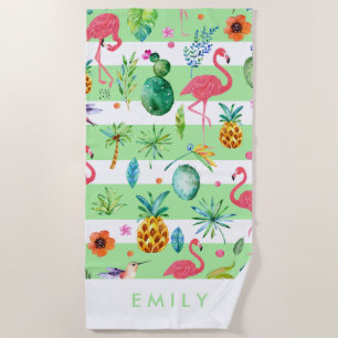 Stripes & Colourful Tropical Pattern Beach Towel