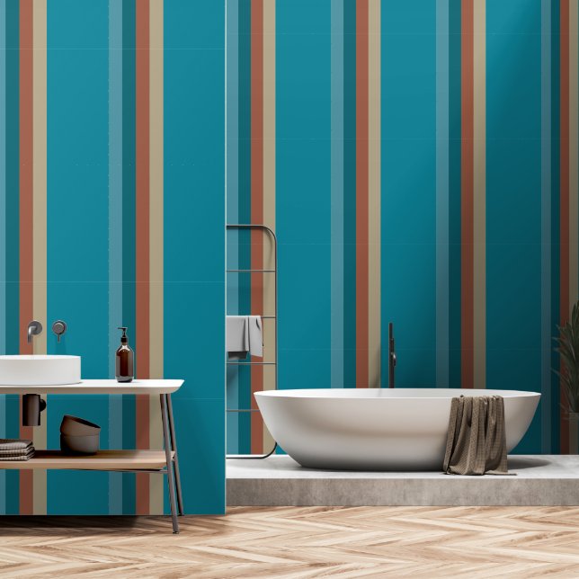 Stripes Cool Blue Aqua Brown Rust Stone Grey Olive Wallpaper (Bathroom)