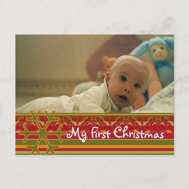 Stripes Damask My First Christmas Photo Postcard (Front)