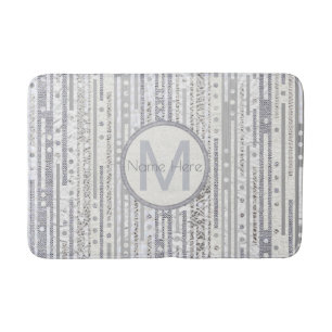 Stripes Dots Silver White Bath Decor Metallic Bath Mat