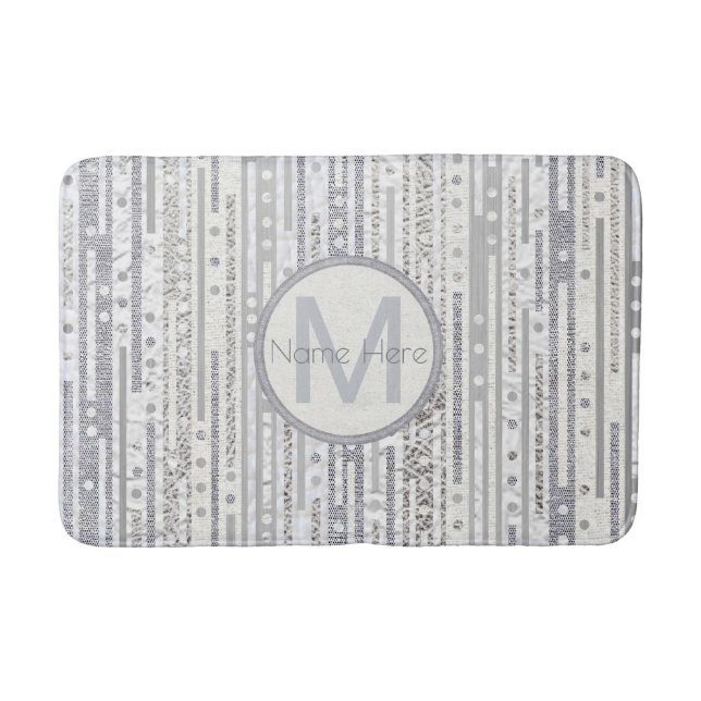 Stripes Dots Silver White Bath Decor Metallic Mat (Front)