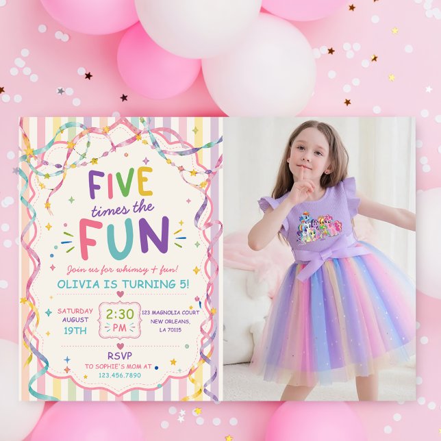 Stripes Five Times The Fun Colourful Birthday Invitation (Creator Uploaded)