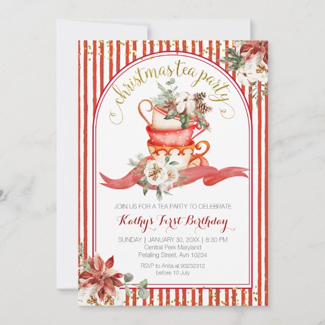Stripes Floral Red Plaid Winter Birthday Floral Invitation (Front)