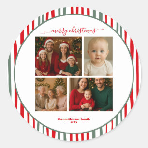 Stripes four family Photo merry Christmas Classic Round Sticker