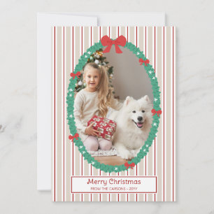 Stripes & Garland Red Bows Merry Christmas Holiday Card