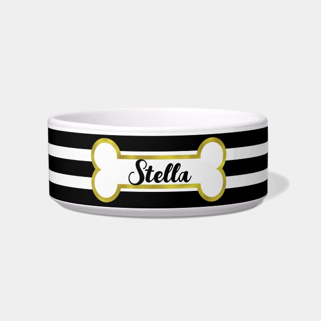 Stripes & Gold Bone Customised Pet Bowl | Black (Front)