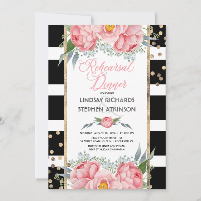 Stripes Gold Confetti Pink Floral Rehearsal Dinner Invitation (Front)