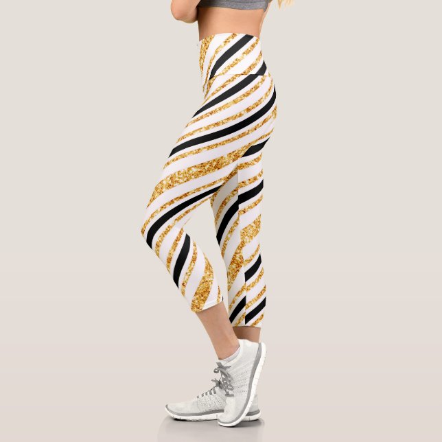 Stripes Gold Glitter Black Boho Popular Collection Capri Leggings (Left)