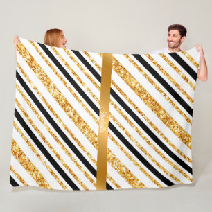Stripes Gold Glitter Black Boho Popular Collection Fleece Blanket