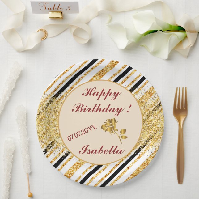 Stripes Gold Glitter Black Boho Popular Collection Paper Plate (Wedding)