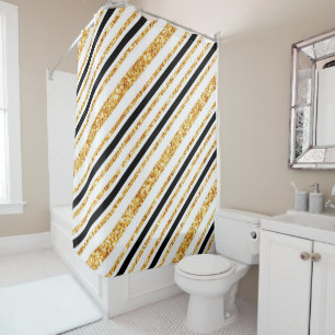 Stripes Gold Glitter Black Boho Popular Collection Shower Curtain