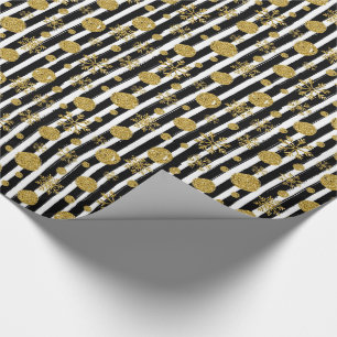 Stripes, Gold Glitter snowballs and snowflakes Wrapping Paper