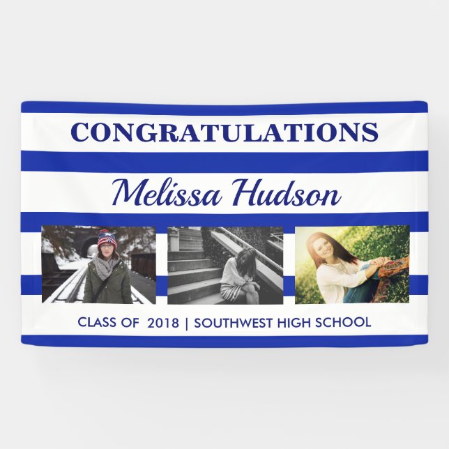 Stripes Graduation Three Photo Navy Blue White Banner (Horizontal)