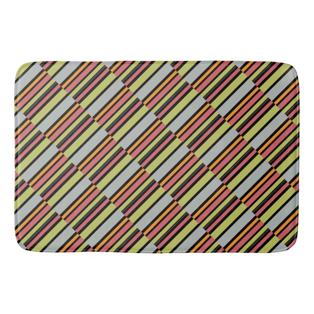 Stripes green grey orange pink bath mat (Front)
