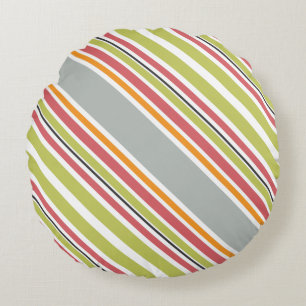 Stripes green grey orange pink round cushion