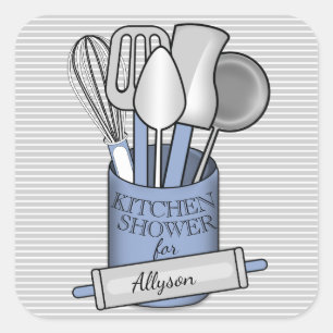 Stripes Grey White Blue Stock the Kitchen Shower Square Sticker