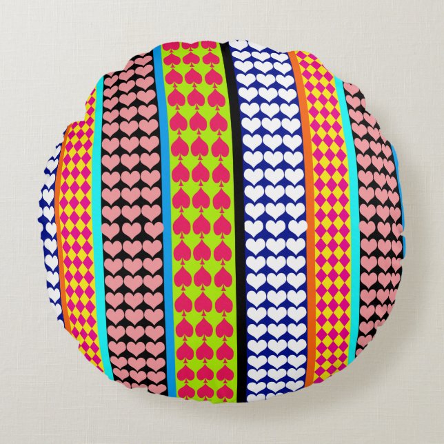 Stripes Hearts Diamonds Boho Mixed Design  Round Cushion (Front)