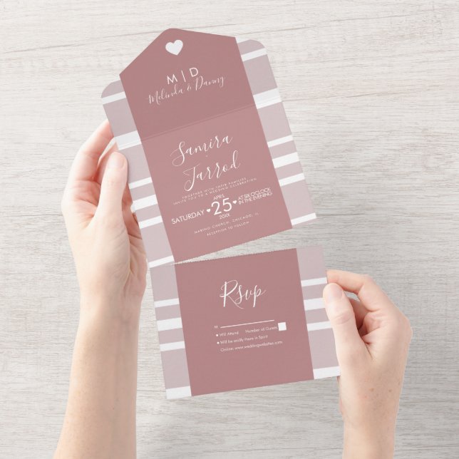 Stripes Hearts Earthy Tones Wedding All In One Inv Invitation (Tearaway)