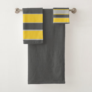 Stripes in light and dark grey, mustard yellow bath towel set