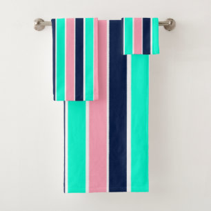 Stripes in Mint Green, Pink, and Navy Blue Bath Towel Set